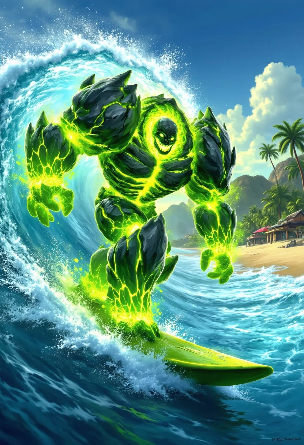 a photorealistic, epic scene of a massive Infernal from Warcraft, its body almost entirely composed of swirling, vibrant green fel flames, with only faint traces of jagged, molten rock visible. The Infernal is crouched in a classic surfer's stance, riding a sleek, glowing surfboard that matches its fiery aura. Its eyes and mouth blaze with intense green energy, and its form radiates heat, causing the air around it to shimmer. The wave beneath it is a massive, crystal-blue curl, glistening in the bright sunlight, with sprays of water misting around the Infernal as it carves through the surf. The background is a stunning tropical paradise—vivid blue ocean, golden sandy beaches, and palm trees swaying in the breeze. The contrast between the Infernal's chaotic, fiery presence and the serene, sunny setting creates a surreal, epic, and slightly humorous scene