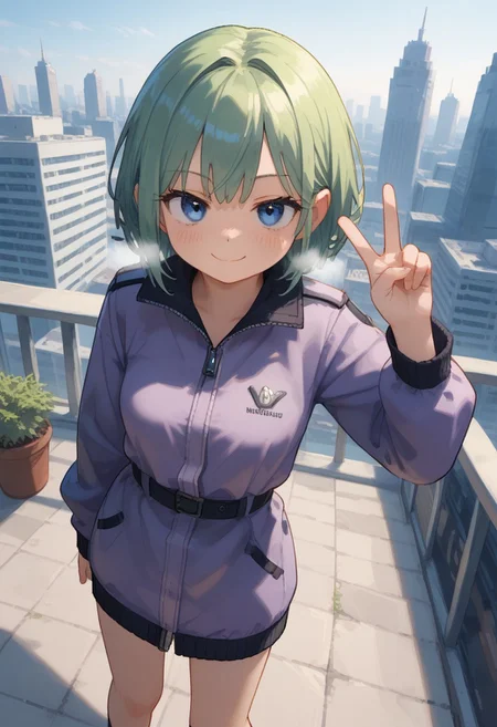 1girl, medium breast, long purple coat, short green hair, cute face, dynamic pose, dutch angle, hand behind back, peace sign, blue eyes, breathing out, looking off screen, smug, outdoors, detailed background, building, city, high angle, depth of field, (volumetric lighting), masterpiece, best quality, amazing quality, very aesthetic, absurdres, newest, (klskx:1.1)