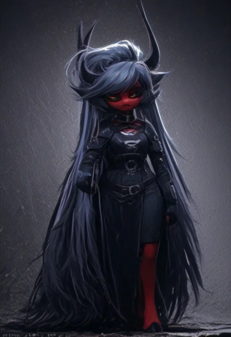 (score_9, score_8_up, score_7_up), PRSNL_3_1, HCSV1, illustration, ((cartoon)), hand drawn, ((masterpiece)), (furry art, uploaded on e621, 4k, fine details, (subtle soft details), (female), ((imp)), gloves, demon girl, (red skin mottled with white spots), imp tail, black pupils, black sclera, ((black ram horns)), short stature, 1girl, (((very long light teal hair tied into a ponytail:1.4))), dark teal highlights, ((purple slave collar)), black puffy lips, black eyeliner, ((detailed orange eyes)), ((dynamic pose)), plump, cute, beautiful, ((black sclera:1.4)), orange iris, Detailed hand, medium breasts, cleavage, curvy, pink fingerless gloves, large iris, hooves, fur on ankles around hooves, medium bulge, solo, Helldivers, in a futuristic, armored suit. The armor is predominantly dark gray with pink accents at the shoulder plates, knee pads, and boot heels, It's a sleek design with segmented plates suggesting both flexibility and protection, (cyberpunk city outskirts, cable, standing, scales, road, outcasts, black background, walking, car, horizon, decay, dystopian, cinematic lighting, vivid colors, futuristic chestplate, loincloth, covered navel, /(((holding a rifle with both hands, m41apls)))