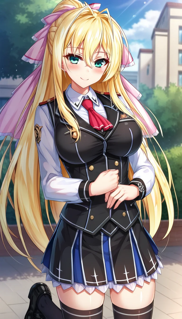 score_9,score_8_up,masterpiece,best quality,correct anatomy,anime_source,1girl,solo,perfect eyes,perfect arms,perfect legs,perfect face,outdoors,upper body,(portrait:1.5),looking at viewer,facing viewer,smile,blush,Yurifina Sol Eleanord,very long hair,blonde hair,ponytail,hair ribbon,pink ribbon,sidelocks,hair between eyes,bangs,aqua eyes,uniform,red ascot,black vest,white shirt,collared shirt,long sleeves shirt,large breasts,black thighhighs,miniskirt,black skirt,frilled skirt,pleated skirt,zettai ryouiki,black thighhighs,loafers,black footwear,<lora:Yurifina Sol Eleanord(uq)-Pony:1.4>,