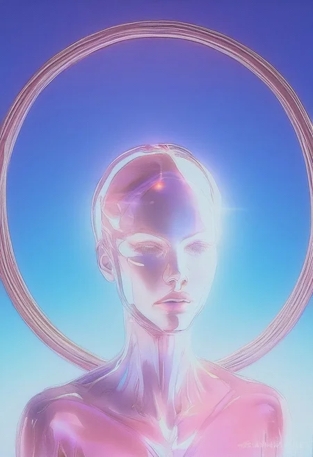 In this hyper-detailed Chromecore art piece, a vibrant scene captures a woman kneeling in a seated position on a flawlessly reflective mirror floor. She wears the iconic Sailor Moon outfit, the bright, saturated colors of the uniform contrasting vividly against her body, which is covered in a metal skin texture featuring an iridescent, glossy sheen from the neck down. Her skin exhibits a gradient of vibrant hues, showcasing a colorful array that shines brilliantly against a simple dark and blue background, amplifying her presence with bright, vibrant colors.
Her posture is calm and composed, her head tilted backward in a graceful arch, eyes gently closed as if in a deep meditative state, exuding a serious expression that emphasizes a sense of peace and serenity. The minimalist surroundings enhance the impact of her chromatic figure, with dark pillars rising like monoliths, framing the scene and contributing to the dark vibes and dark fantasy atmosphere.
These towering structures add a serious tone, contrasting with her expressionless but colorful form. The mirror-like floor reflects every detail of the scene, including the luminous quality of her chromatic skin and the intricate folds of her outfit, amplifying the ethereal beauty of the moment. This visual harmony between the luminous figure and the minimalist, shadowy environment merges the dreamy aesthetic with stark contrasts, embodying the essence of Chromecore. animaport