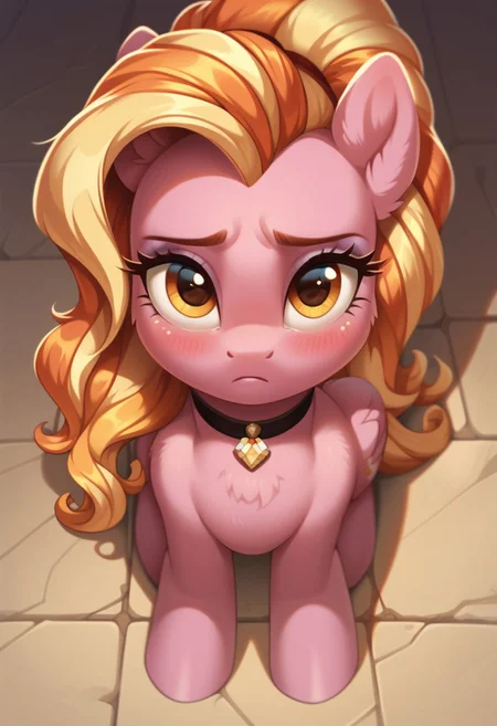 score_9, score_8_up, score_7_up, score_6_up, score_5_up, score_4_up, my little pony, solo, luster dawn, choker, on knees, sad, shy, blushing, school background, hearts, look at you, beautiful, detailed, (detailed cute pony face), detailed fur, beautiful, vector, flat colors, (beautiful long eyelashes), ((close-up)), high angle