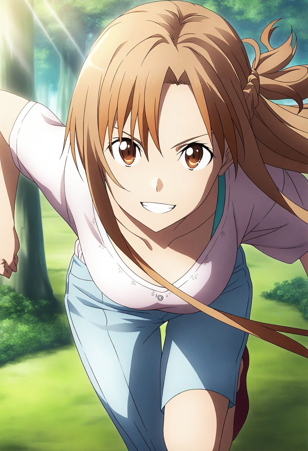 <lora:Asuna Yuuki - [Sword Art Online] - illustriousXL v1:1>, sysdeep_asuna, brown hair, brown eyes, long hair, forest trail, running, casual outfit, golden sunlight filtering, energetic and happy, anime coloring