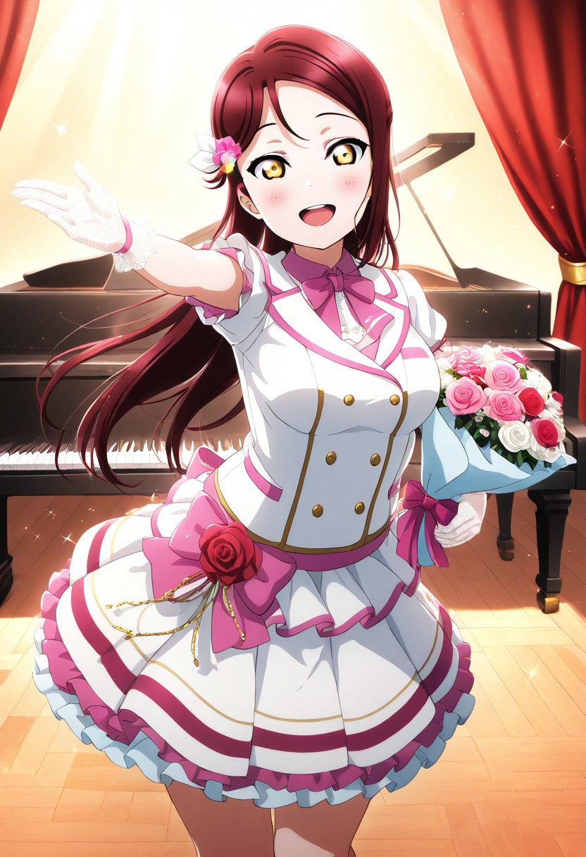 masterpiece, best quality, solo, 1girl, aged up, happy, large breasts, 
 riko_sakurauchi, sakurauchi_riko, long hair, hair ornament, red hair, yellow eyes, hairclip, classical idol uniform, piano motif on skirt hem, lace gloves, black and white color scheme, small rose bouquet in hand, grand concert hall, spotlight on stage, red velvet curtains, polished wooden floor, elegant and emotional performance