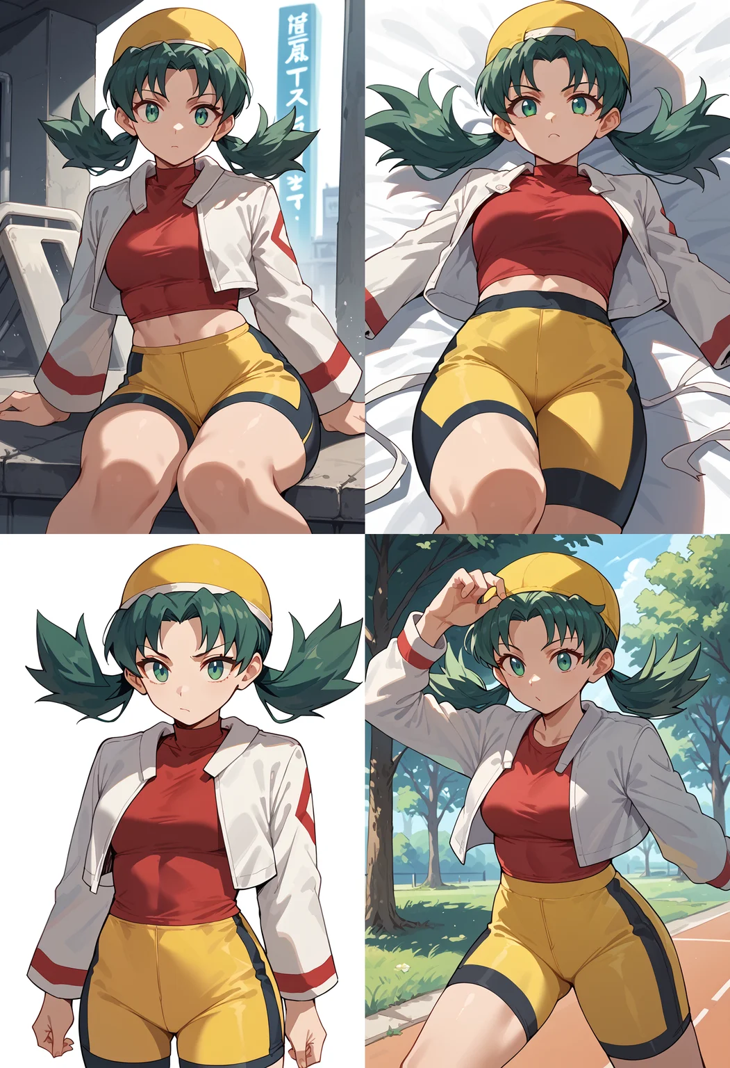 __femalePosesWildcard400_v10/female-poses__, <lora:KrisPony-10:1>Kris_Gen2, long hair, green hair, twintails, green eyes, hat, yellow headwear, shirt, red shirt, jacket, white jacket, cropped jacket, long sleeves, shorts, bike shorts, yellow shorts,, score_9, score_8_up, score_7_up, score_6_up, score_5_up, score_4_up,