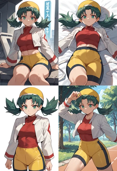 __femalePosesWildcard400_v10/female-poses__, <lora:KrisPony-10:1>Kris_Gen2, long hair, green hair, twintails, green eyes, hat, yellow headwear, shirt, red shirt, jacket, white jacket, cropped jacket, long sleeves, shorts, bike shorts, yellow shorts,, score_9, score_8_up, score_7_up, score_6_up, score_5_up, score_4_up,
