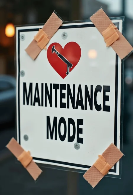 Realistic photo of a broken "Maintenance Mode" sign stuck with Band-Aids