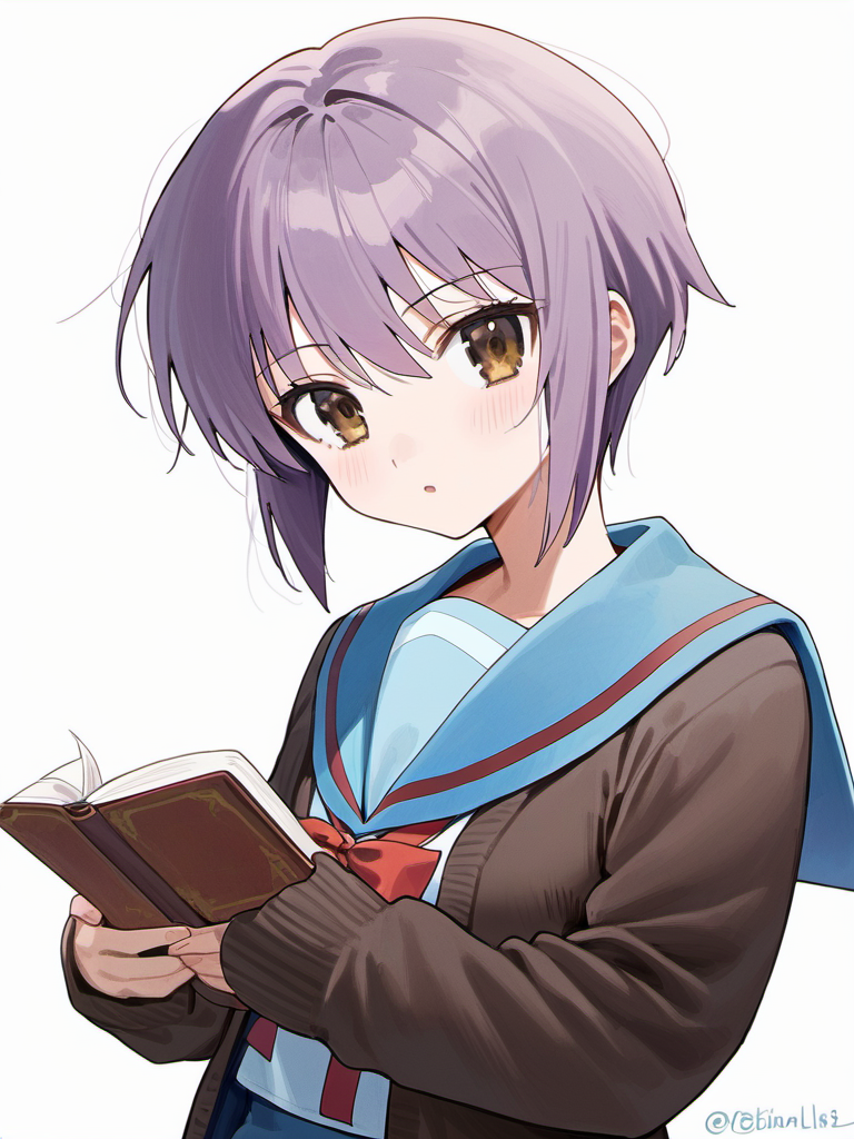 score_9, source_anime,
1girl, nagato yuki, solo, sailor collar, blue skirt, skirt, short hair, kita high school uniform, school uniform, purple hair, red ribbon, holding book, white background, cardigan, ribbon, serafuku, blue sailor collar, brown cardigan, open clothes, winter uniform, holding, book, bangs, simple background, open cardigan, brown eyes, looking at viewer, twitter username, long sleeves, :o, open mouth, cowboy shot, dated
 <lora:nagato ponyDiffusionV6XL_v6StartWithThisOne 8x16 AdamW8bit__cosine__1708806036:1>