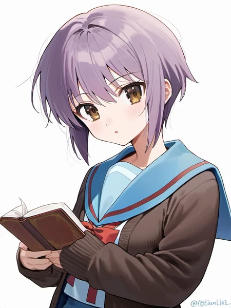 score_9, source_anime,
1girl, nagato yuki, solo, sailor collar, blue skirt, skirt, short hair, kita high school uniform, school uniform, purple hair, red ribbon, holding book, white background, cardigan, ribbon, serafuku, blue sailor collar, brown cardigan, open clothes, winter uniform, holding, book, bangs, simple background, open cardigan, brown eyes, looking at viewer, twitter username, long sleeves, :o, open mouth, cowboy shot, dated
 <lora:nagato ponyDiffusionV6XL_v6StartWithThisOne 8x16 AdamW8bit__cosine__1708806036:1>