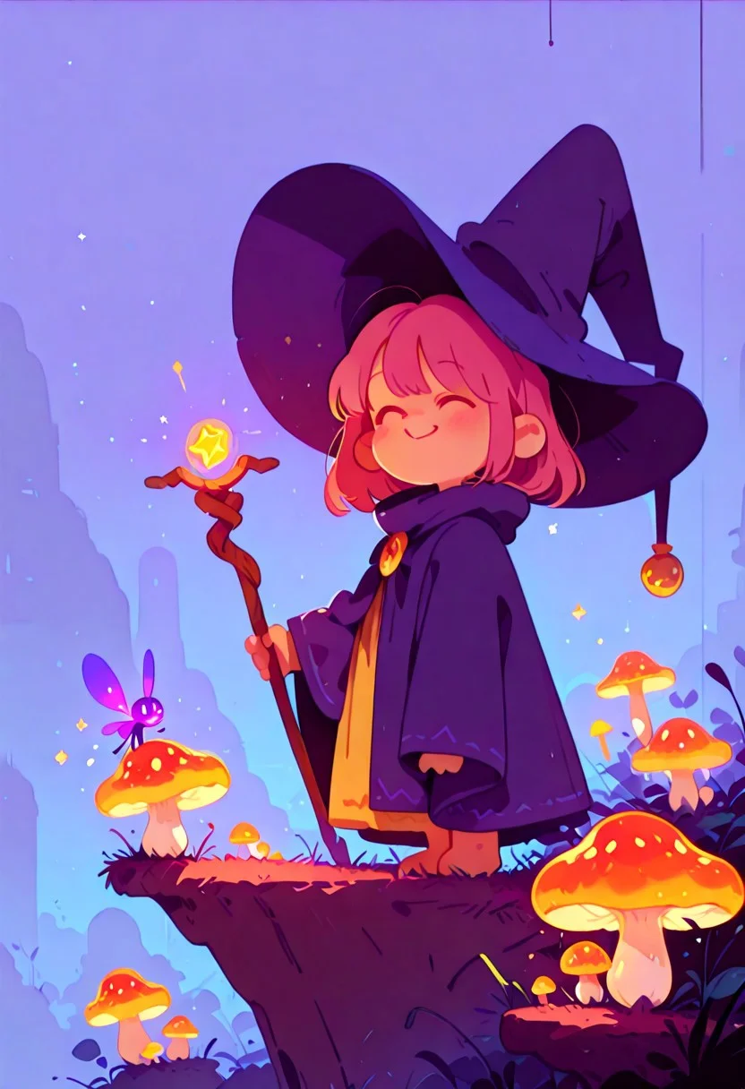 masterpiece, best quality, simple illustration, magical creature, glowing mushrooms, flies, cloak, side view, smiling, happy, little creatures following, big hat, staff ,absurdres, cinematic lighting, Flatline, Flat vector illustration