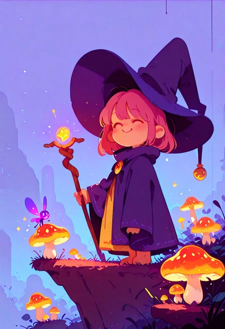 masterpiece, best quality, simple illustration, magical creature, glowing mushrooms, flies, cloak, side view, smiling, happy, little creatures following,  big hat, staff ,absurdres, cinematic lighting, Flatline, Flat vector illustration