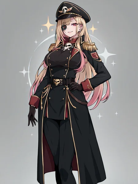 Masterpiece,best quality,1girl,long hair,solo,vector art,looking at viewer,parted lips,smile,full body,standing,
edgCommissar, long hair, looking at viewer, gloves, long sleeves, closed mouth, jacket, cowboy shot, belt, grey background, uniform, coat, black jacket, hand on hip, sparkle, black headwear, scar, epaulettes, black coat ,wearing edgCommissar,artificial eye,skull emblem,millitary uniform,
<lora:edgIllustriousXLCommissar:1>
<lora:Hoseki_MyDressUpDarling_MarinKitagawa_IllustriousXL_v1:1> ktgw, long hair, swept bangs, multicolored hair, colored tips, blonde hair, pink eyes, large breasts, ear piercing