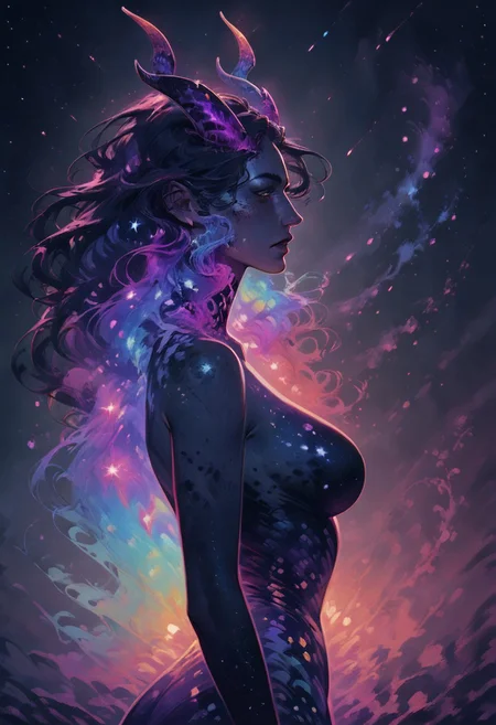 (score_9, score_8), score_8_up, score_7_up, (1girl), ULTBG3.horns, dynamic pose, round breasts, wide hips, abstract, colorful neon colors, (galaxy, g4l4xy), cosmic, long cosmic dress, long cosmic cape, oversized sleeves, color particles, galaxy background, one arm behind head, arched back, front facing