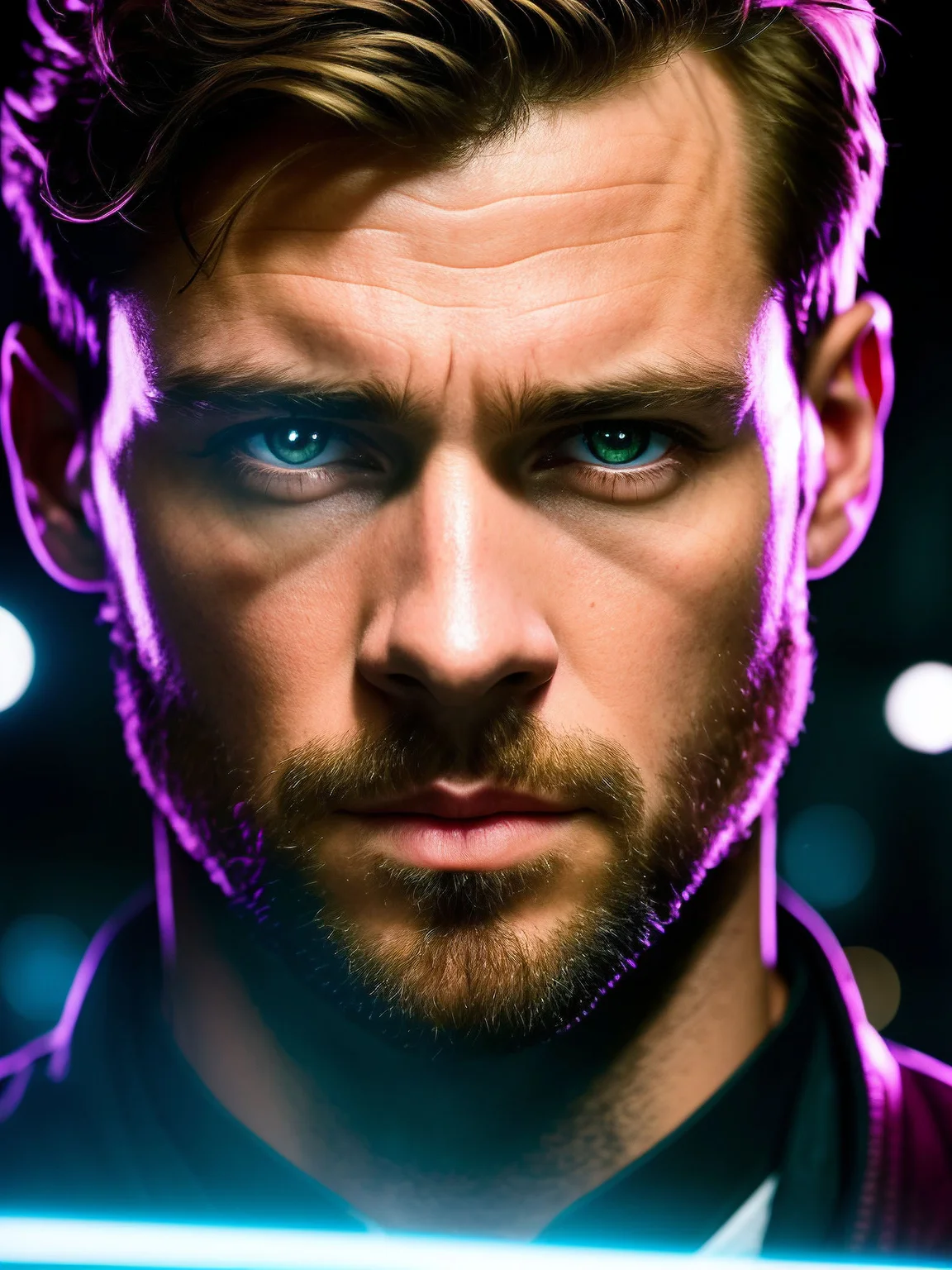 modelshoot style, (extremely detailed CG unity 8k wallpaper), portrait of (david:1.1), staring at us with a mysterious gaze, realistic, masterpiece, highest quality, ((scifi)), lens flare, ((light sparkles)), unreal engine, digital painting, Style-BladeRunner2049-8v, trending on ArtStation, trending on CGSociety, Intricate, High Detail, dramatic, realism, beautiful and detailed lighting, shadows