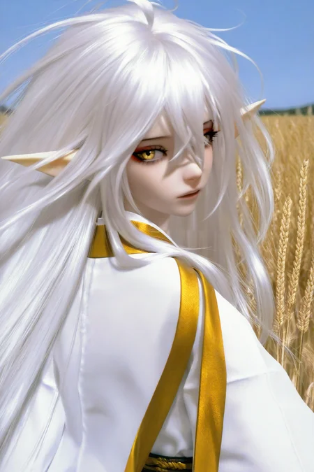 highres,absurdres,Visual impact,masterpiece,best quality,very aesthetic,newest,amazing quality,very awa,
doll joints,joints,<lora:DOLL-Style:0.8>,
\\,
(portrait:2),
1girl,solo,elf ears,very long hair,white hair,hair between eyes,disheveled hair,(messy hair:1.3),ahoge,yellow eyes,red eyeshadow,long sidelocks,White dense eyelashes,(yellow trim:1.1),(white kimono:1.1),white hanfu,long sleeves,wide sleeves,(yellow loincloth:1.1),white pelvic curtain,white waist apron,white waist cape,long waist cape,(pelvic curtain:1.1),( waist cape:1.1),(waist apron:1),(puffy pants:1.1),(white pants:1.1),knee boots,white boots,(simple clothes:1.5),\,(wheat field:1.5),looking at viewer,(looking back:1.5),upper body,blue sky,