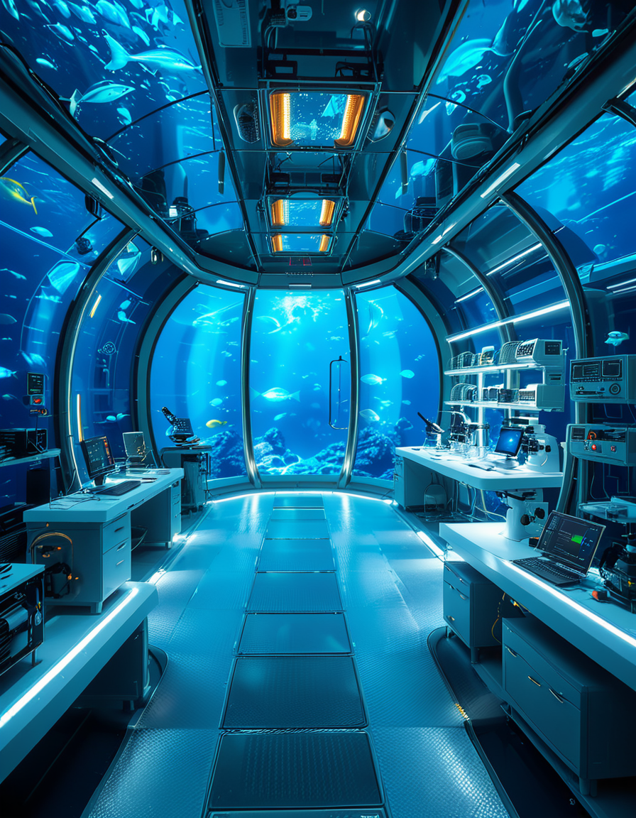 A futuristic underwater research laboratory,underwater research l4b0r4t0ry, located deep beneath the ocean's surface, surrounded by vibrant marine life and illuminated by soft, bioluminescent lighting. The laboratory features large, reinforced glass domes offering a panoramic view of the surrounding blue abyss, with schools of colorful fish and rays of sunlight filtering through the water above. Inside, advanced scientific equipment, glowing computer screens, and researchers in modern wetsuits or lab coats are visible, conducting experiments. The structure is sleek and metallic, with curved, aerodynamic designs to withstand water pressure. Coral reefs and marine plants grow nearby, adding natural beauty. The lighting is a mix of cool, bluish tones, with faint yellow lights from the laboratory windows creating a contrast. The atmosphere is calm yet futuristic, with a focus on scientific exploration and harmony with the marine environment.
<lora:SDXLFaeTastic2400:0.4> <lora:extremely_detailed:0.4> extremely detailed, <lora:underwater_research_l4b0r4t0ry:1>