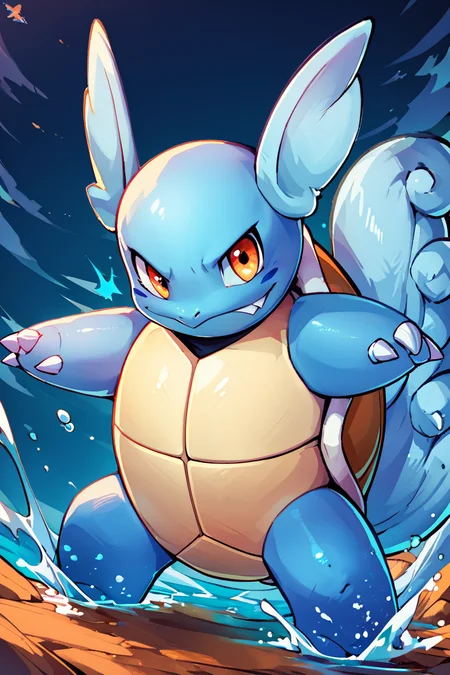 score_9, score_8_up, score_8, <lora:WartortlePokedexPDXL:1.0>, zzWartortle, no humans, fierce expression, standing on a rocky shore, crashing waves, glowing blue aura, water splashing everywhere, stormy sky background, dynamic pose, intense atmosphere, detailed shell and fins, looking at viewer, embedding:zPDXL, <lora:SDXLFaeTastic2400:0.5>, <lora:CatalystStylePDXL:0.6>,