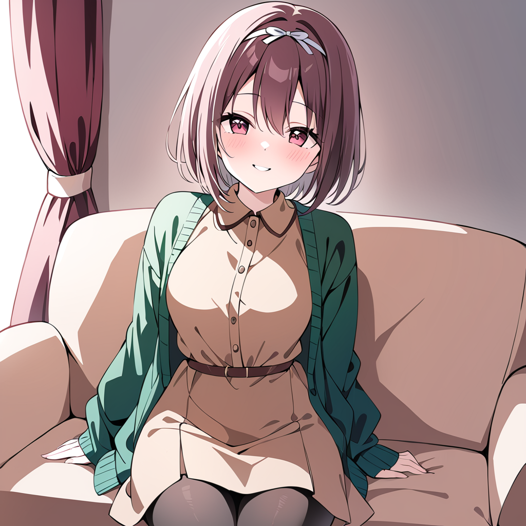 (masterpiece),(newest),nsfw,(ibukinagisa),1girl,solo,ibukcasual dress,looking at viewer,black pantyhose,ibukcasual hairband,ibukcasual open cardigan,<lora:ibukinagisa:0.8>,hotel,sofa,available light,smile,