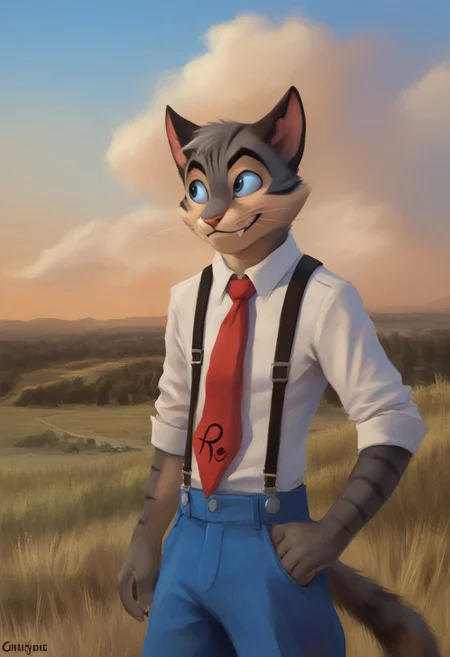 Rocky, Rocky Rickaby, blue eyes, striped fur, striped, pointed ears, eyebrows, smiling, yellow markings, brown body, brown fur, tail, long tail, blue sclera, black ears, cat ears, black cat ears, (male anthro cat:1.3),
Solo, alone, by himself, 1boy, male.
Clothing, clothed, suspenders, large red tie, blue trousers, long trousers. 
athletic, athletic body, muscles. (athletic body), (grey body:1.1),
HD, digital painting, digital art, masterpiece.
Headshot, head focus, close to face, closeup, bustshot.
Happy emotion, happy. 
Outside, battlefield, ww1. (outside:1.1) 
HD, digital painting, digital art, masterpiece ((headshot)), digital drawing (artwork), digital media (artwork), hi res.  negative_hand. Realistic, Furry, Animalistic features, Anthro, Detailed, Shaded,