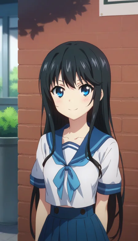 score_9,score_8_up,score_7_up,score_6_up BREAK official art,solo,outdoors,upper body,(portrait:1.5),looking at viewer,facing viewer,smile,blush,(petite:2),Minamiya Natsuki,very long hair,black hair,sidelocks,bangs,blue eyes,school uniform,serafuku,blue sailor collar,blue bowtie,blue ribbon,white shirt,short sleeves,medium breasts,miniskirt,blue skirt,pleated skirt,plaid skirt,black thighhighs,zettai ryouiki,loafers,<lora:Minamiya Natsuki(bstb)-Pony:1.4>,