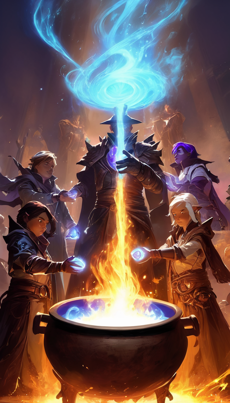 Cinematic scene, a group of mages gather around a cauldron, their hands glowing with arcane energy as they cast spell, masterpiece, best quality, high quality, absurdres, vivid, guild wars 2 <lora:guild_wars_xl_v3:1>