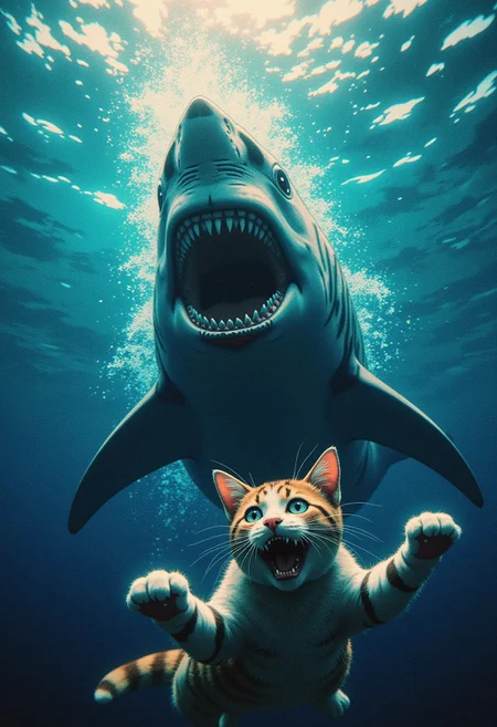 Vibrant Colorful, Realistic, analog photo, very detailed, photorealistic, 4k, photo of an underwater cat swimming in the ocean being chased by a giant shark monster, Realistic analog photo, atmospheric lighting, volumetric lighting, cinematic, Epic Film Quality, n30nfilm, ne0nfant4sy