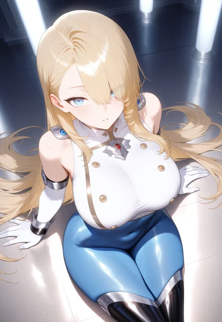 (masterpiece, best quality, amazing quality, very aesthetic, absurdres, newest), (scenery, volumetric lighting, elaborate art), 1girl, looking at viewer, wilhelmina-SL, large breasts, blue eyes, hair over one eye, long hair, blonde hair, white sleeveless crop_top, gold buttons, white elbow gloves, blue bodysuit bottoms, black thigh high boots, black wrist strap, from above, sittiong on floor,