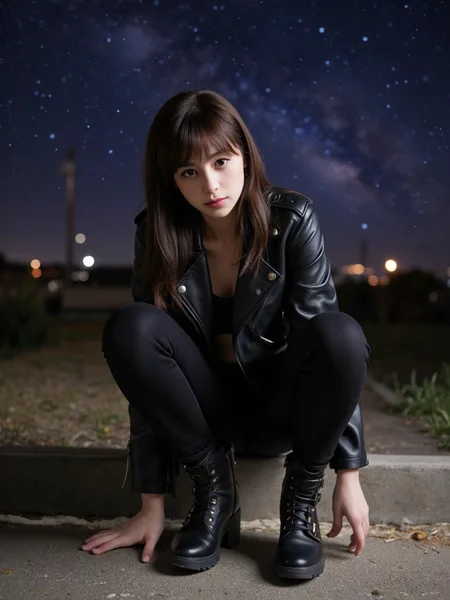 There are wonderful studio lights and various reflections,
18yo beautiful cute girl with blushing and female orgasm.skin naturally showing the texture of blood vessels and detailed pale skin,
--,
<lora:Nakajo_Ayami_f1:1>,she is Nakajo Ayami,
(Leather_biker_jacket:1.4),(Skinny_black_jeans:1.3),(Ankle_boots_with_buckles:1.2), Beautiful night,stars on sky,(night theme1.3),(Official_wallpaper1.3),(Nebula in sky1.3), #æç©º