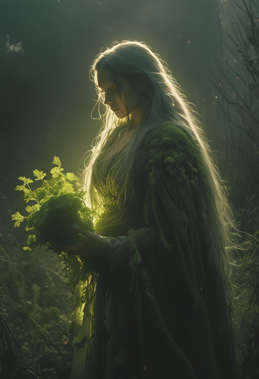 hkmagic witch, Holding holy sss Broccoli, in wild Overgrown supermarket, atmospheric haze, Film grain, cinematic film still, shallow depth of field, highly detailed, high budget, cinemascope, moody, epic, OverallDetail, 2000s vintage RAW photo, photorealistic, candid camera, color graded cinematic, atmospheric lighting, imperfections, natural, shallow dof