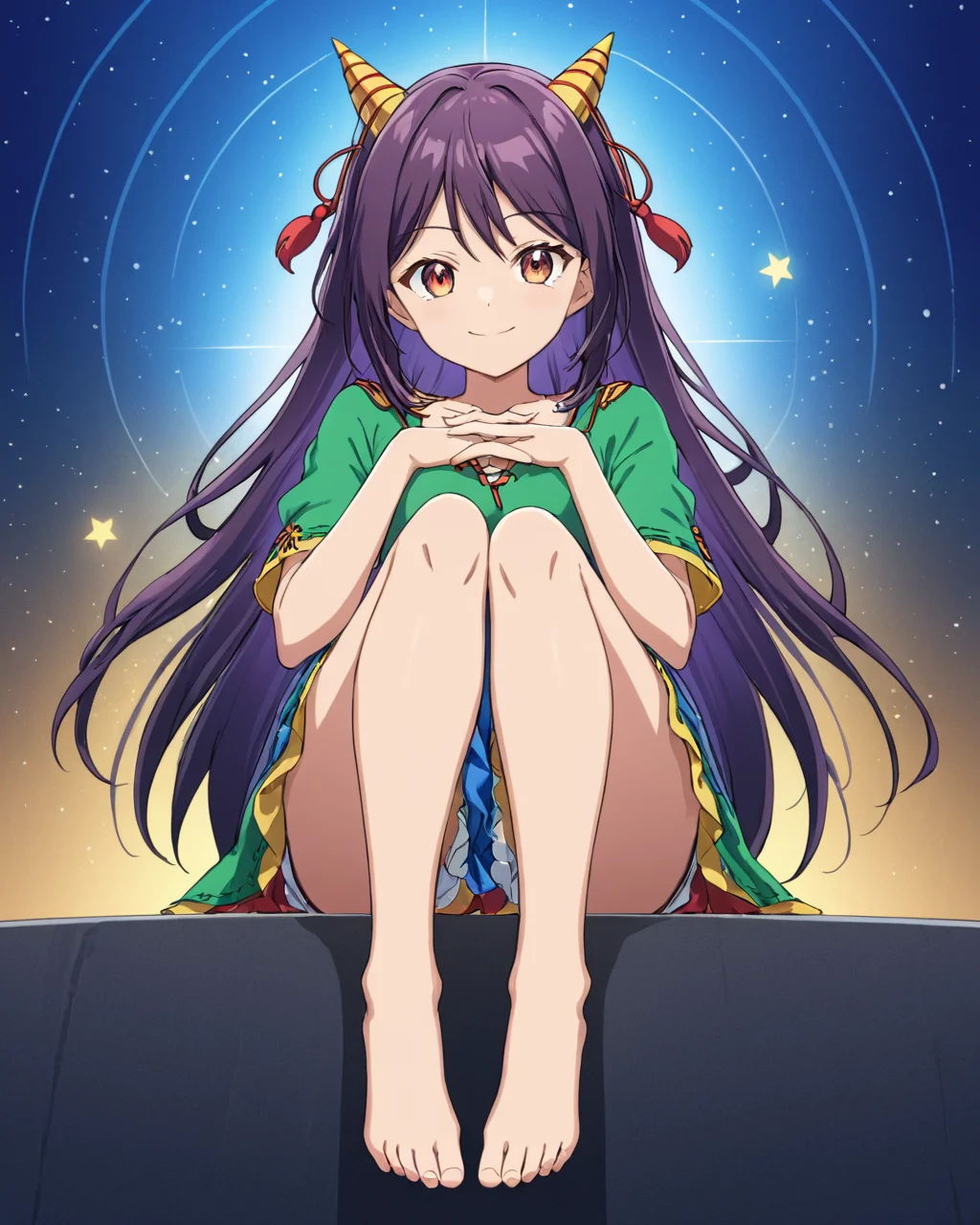 nippaku zanmu,1girl, solo, sitting, smile, horns, dress, looking_at_viewer, crossed_legs
<lora:nippaku_zanmu_image235_2023-12-20:1>,star-shaped_pupils,symbol-shaped_pupils,. gorgeous,key visual, vibrant, studio anime,award-winning, professional, highly detailed,high budget, cinemascope