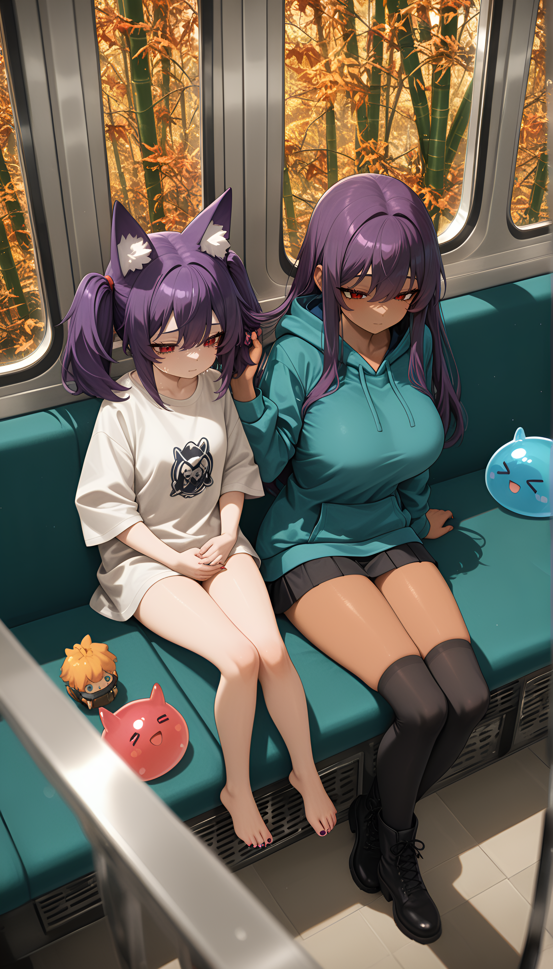 Violet hair, and casual boots., fox_ears, anime character, motion_blur:1.1, ultra-detailed, barefoot, nail_polish, motion_lines:1.1, large breasts, twintails, amazing quality, plain T-shirt, slime_(creature), masterpiece, misty_light, gloom, meditation_view, blurry foreground, gigantic claymore pulsing with dark energy, autumn, Playing with hair, Selective Focus, bamboo_forest_greens, dark skin, long hair, Train carriage interior, Sylvia Sherwood (Spy x Family), zen_shadows, 8K, miniature world, depth of field, very aesthetic, newest, Bird's eye view, absolutely eye-catching, minimalist_details, slime_(creature), petite body, Airy Theme, ambient occlusion, Corsair, natural_curves, knee-high socks, 2girls, skater skirt, best quality, HDR, A "cat ear" hoodie, empty seats., absurdres