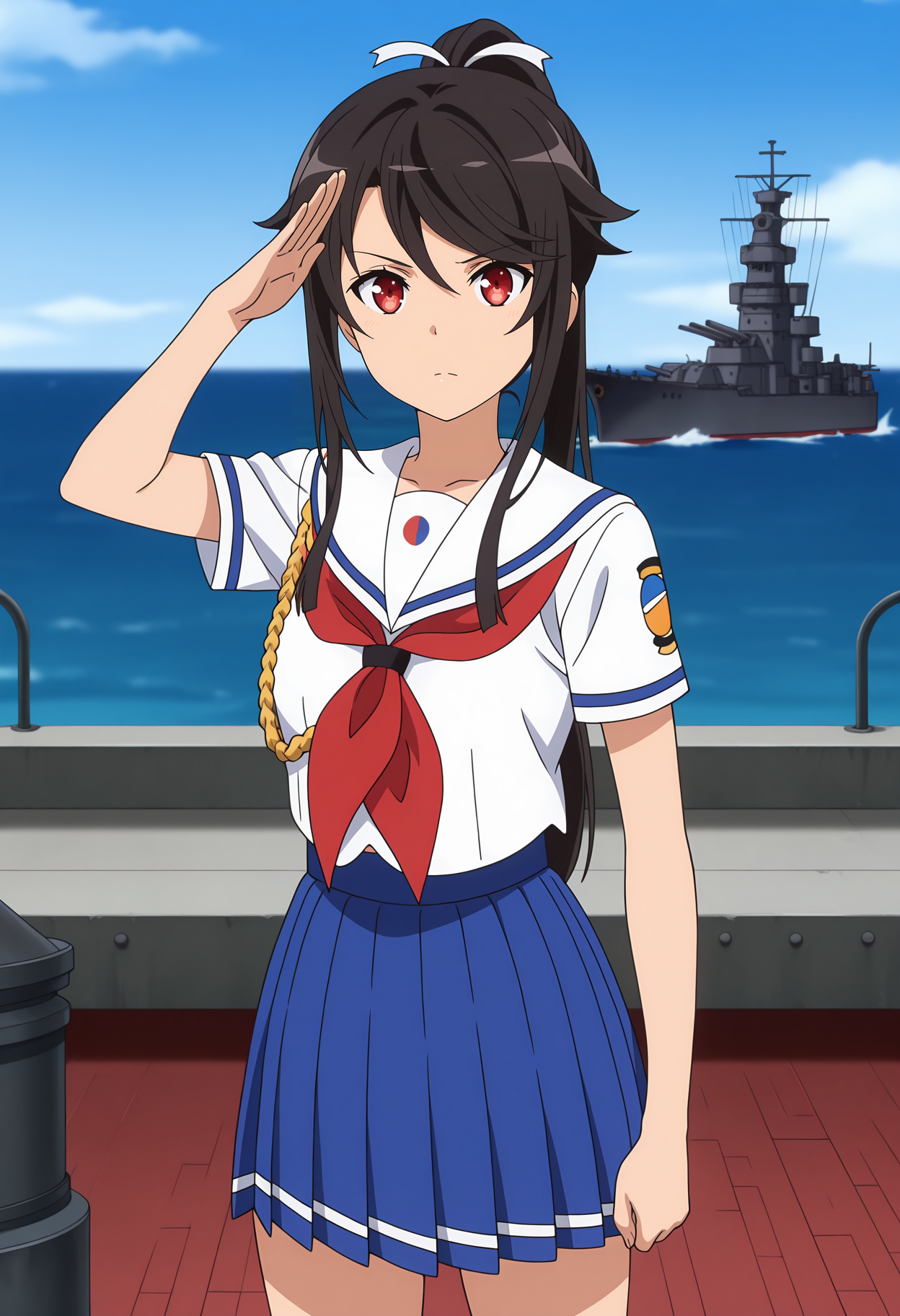 anime screencap, masterpiece, best quality,
<lora:HighSchoolFleet_MunetaniMashiro_IlluXL:0.9>,
1girl, solo, serious,
high ponytail, hair between eyes, swept bangs, long hair, black hair, red eyes, hair ribbon, white ribbon,
white sailor collar, white shirt, red neckerchief, aiguillette, short sleeves, pleated skirt, blue skirt,
salute, standing, looking at viewer, cowboy shot,
horizon, dock, outdoors, battleship, warship, blue sky, blurry background
