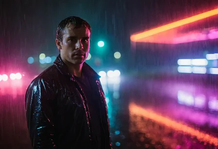 (80sPortrait), outdoors, raining, neon lights