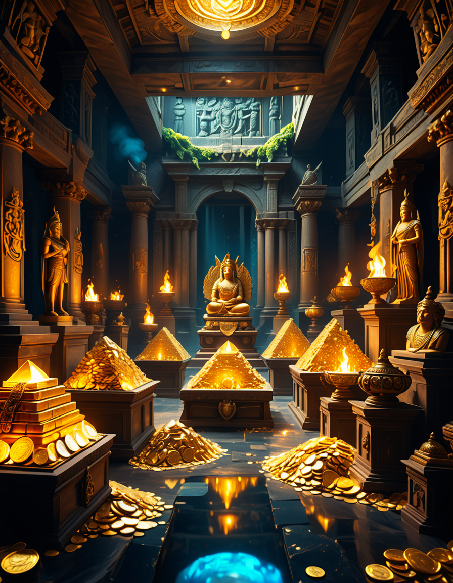 score_9, score_8_up, score_7_up,amazing quality, ultra realistic, 3D, HD, best quality, amazing quality, very aesthetic, absurdres
A hidden treasure chamber deep within an ancient temple, illuminated by the warm golden glow of torches and mystical blue light from enchanted crystals. The room is filled with piles of gold coins, jewel-encrusted goblets, and ancient artifacts covered in dust. Massive stone statues of forgotten deities guard the chamber, their eyes glowing faintly as if watching intruders. In the center, a grand pedestal holds a legendary artifactâan ornate golden crown encrusted with emeralds and sapphires, shimmering with an otherworldly aura. The walls are adorned with intricate carvings depicting lost civilizations, and creeping vines hint at centuries of abandonment. The atmosphere is mystical and slightly eerie, with a sense of both wonder and danger. The air is thick with the scent of aged parchment and burning incense, adding to the chamberâs ancient and mysterious feel. Cinematic lighting with dramatic shadows enhances the depth and richness of the scene, creating a visually stunning and immersive environment.
<lora:SDXLFaeTastic2400:0.4> <lora:extremely_detailed:0.4> extremely detailed,treasure ch4mb3r, <lora:treasure_ch4mb3r-p:1>