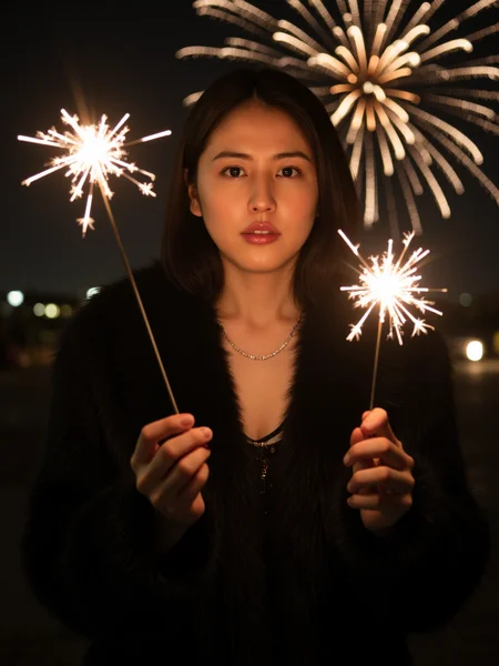 There are wonderful studio lights and various reflections,
18yo beautiful cute girl with blushing and female orgasm.skin naturally showing the texture of blood vessels and detailed pale skin,
--,
<lora:Masami_Nagasawa_f1:1>,she is Masami Nagasawa, In clear,Elle,a beautiful young woman in a black fur coat,holds a sparkler in each hand,cleavage and collarbone,it is night and behind her a beautiful firework display can be seen in the sky... aidmatextimprover,,