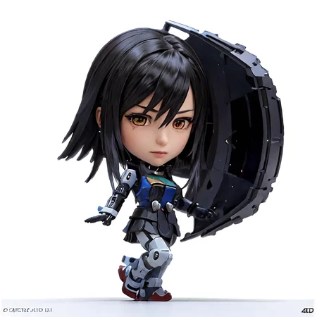 [realistic], [3d], (3dcg), ((octane render)), [fisheye], gundam\(rx78\), ultra high res, best quality, photo, 4k, (photorealistic:1.4), 1girl, solo, (full body:1.1), twin ponytail, black hair, beautiful face, beautiful eyes, mecha armor, short skirt, tight shirt, standing, giant black ball with mirror surface, chibi