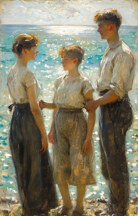 masterpiece,best quality,<lora:tbh239-sdxl:0.9>,illustration,style of Henry Scott Tuke portrait of family