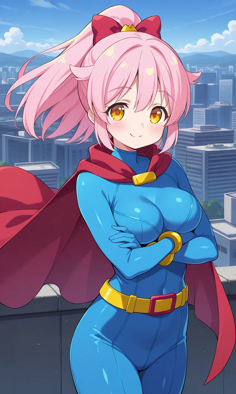 1girl, solo, mgyunishirakawa, pink hair, high ponytail, hair flaps, hair bow, yellow eyes, blue bodysuit, red cape, yellow belt, superhero costume, sky, cityscape, flying, crossed arms, smile, cowboy shot, looking at viewer,