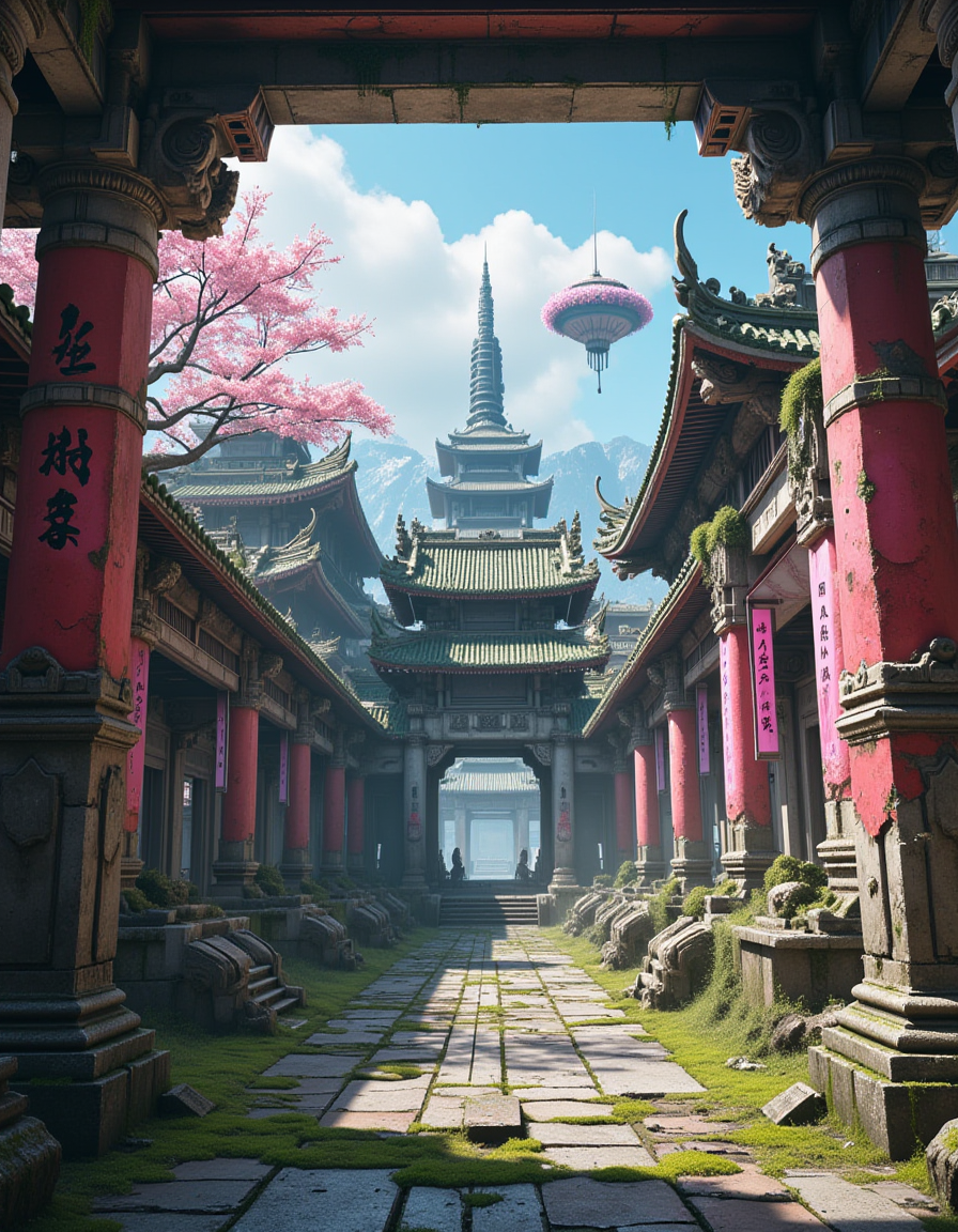<lora:City_Worlds_02__Lost_-_Temple:1> cw02lost, cyberpunk skyline above, creeping vines and soft pink banners hanging from decayed beams, high-resolution textures, dramatic environmental storytelling, faded grandeur, delicate pink petals scattered, floating cherry blossom islands in the sky, towering overgrown rooftops, old weathered red wooden columns and cracked stone tiles, old imperial East Asian temple entrance, central composition in frontal one-point perspective, slight left-facing angle, cracked statues and ancient columns, bright blue daylight and soft clouds, pathway to the clouds