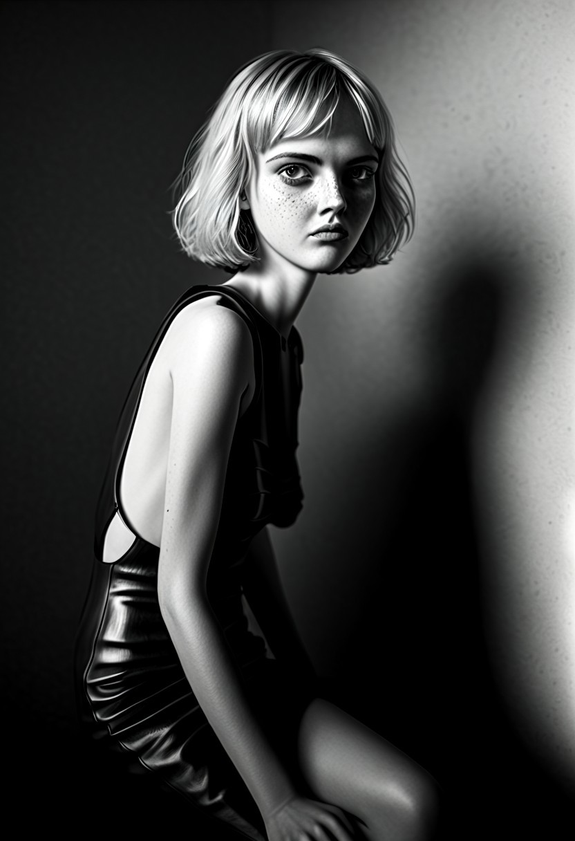 A captivating black and white portrait of a model, medium boobs, perfect eyes, light makeup, freckles, short messy blonde bob, freckles, serious expression, seductive, dressed in a sleeveless, backless gown and stylish boots. She poses with one leg bent, casting deep shadows, while her intense gaze meets the camera, illuminated by perfect volumetric light, showcasing intricate details and an ultra-realistic aesthetic.