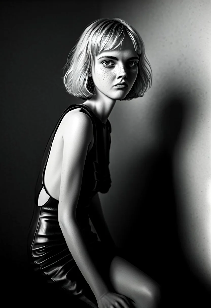 A captivating black and white portrait of a model, medium boobs, perfect eyes, light makeup, freckles, short messy blonde bob, freckles, serious expression, seductive, dressed in a sleeveless, backless gown and stylish boots. She poses with one leg bent, casting deep shadows, while her intense gaze meets the camera, illuminated by perfect volumetric light, showcasing intricate details and an ultra-realistic aesthetic.