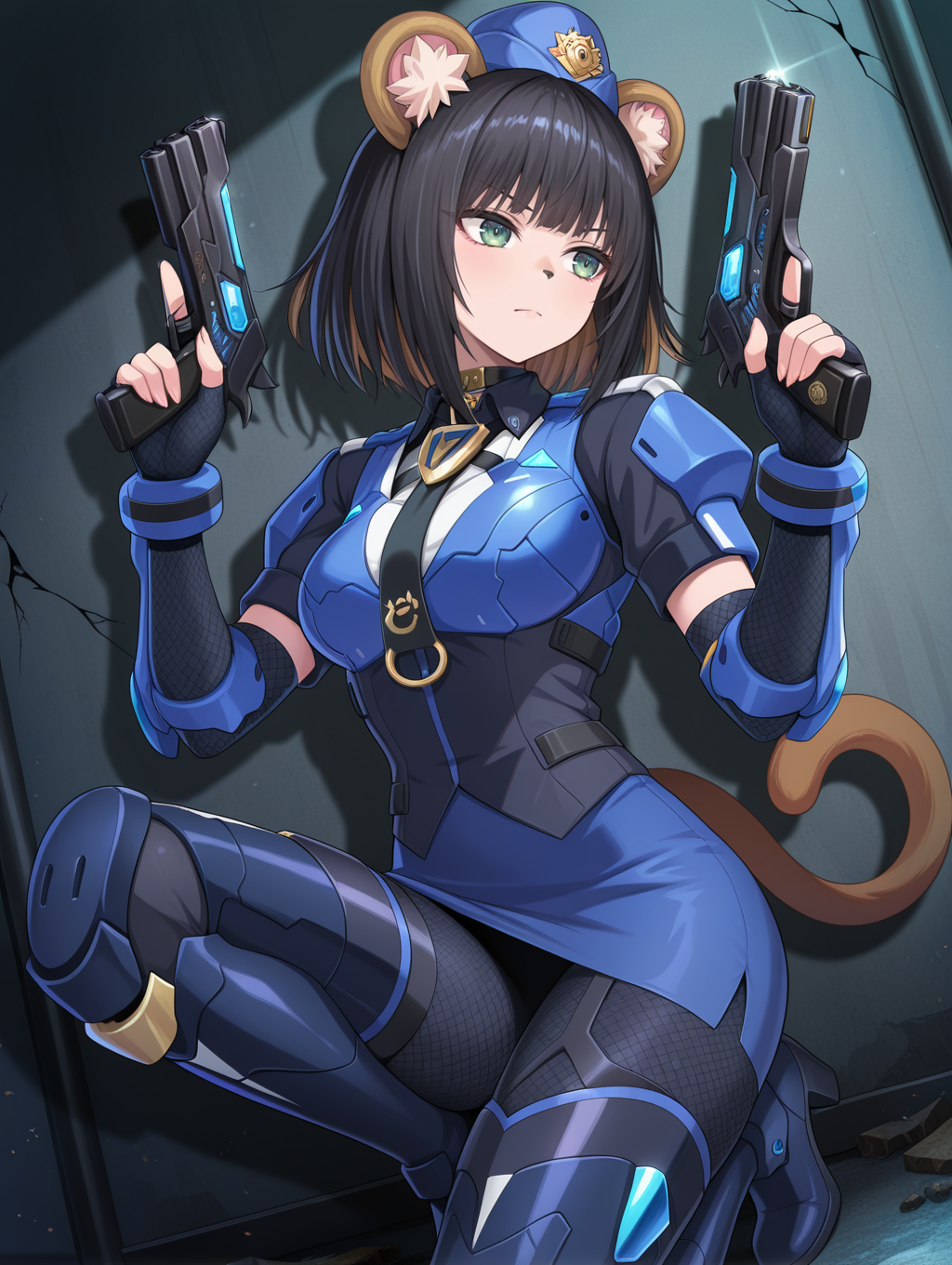 k9 city, official alternate costume, animal nose, k9-17 ripper, 1girl, solo, cracked wall, dutch angle, holding handgun, handgun, on one knee, on back, trigger discipline, closed mouth, medium breasts, blue garrison cap, blue fingerless gloves, white shirt, black vest, black necktie, blue jacket, blue pencil skirt, blue thigh boots, fishnet pantyhose,
masterpiece,best quality,amazing quality,very aesthetic,absurdres,newest,<lora:K9-17 Ripper & Izuna illusXL v1.33:0.72>,