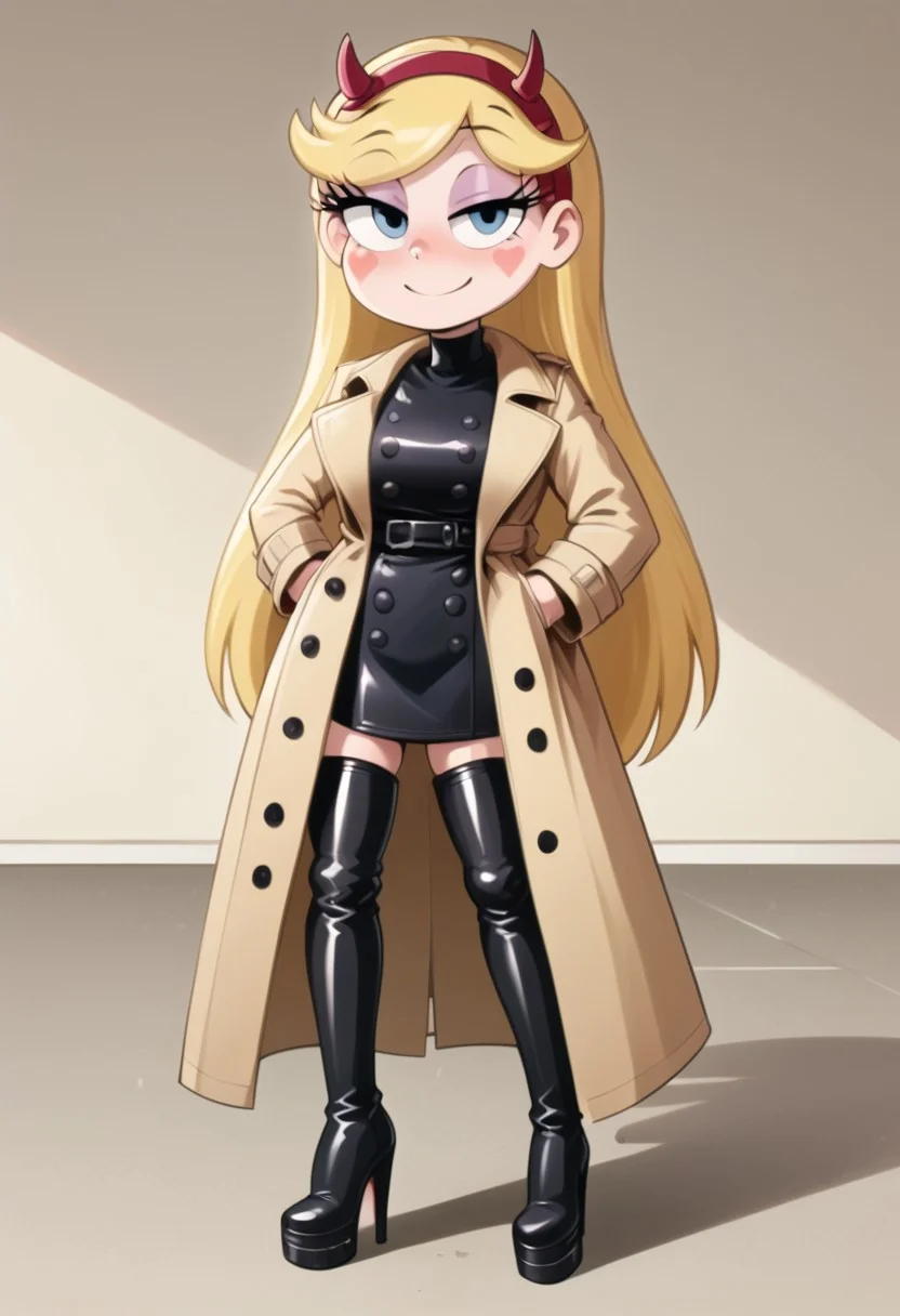 score_9, score_8_up, score_7_up, score_6_up, score_5_up, score_4_up, seductive, sexy pose, seductive pose, standing, Star Butterfly, girl, hentai, sexy, lora, ponyxl, ((((shiny black leather double trench super long coat)))), ((((trench coat)))), ((((long coat)))), ((((coat closed in front)))), ((((closed coat)))), ((buttons)), Jedotc, Oversized Trench Coat, leather boots, platform boots, thigh boots, high heels, (zipper:0.9)