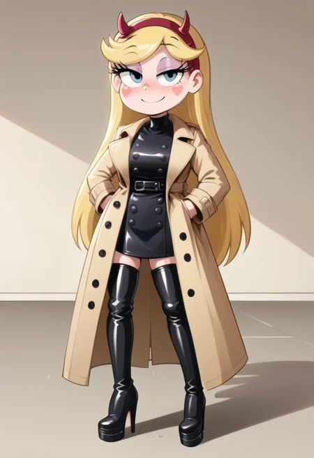 score_9, score_8_up, score_7_up, score_6_up, score_5_up, score_4_up, seductive, sexy pose, seductive pose, standing, Star Butterfly, girl, hentai, sexy, lora, ponyxl, ((((shiny black leather double trench super long coat)))), ((((trench coat)))), ((((long coat)))), ((((coat closed in front)))), ((((closed coat)))), ((buttons)), Jedotc, Oversized Trench Coat, leather boots, platform boots, thigh boots, high heels, (zipper:0.9)
