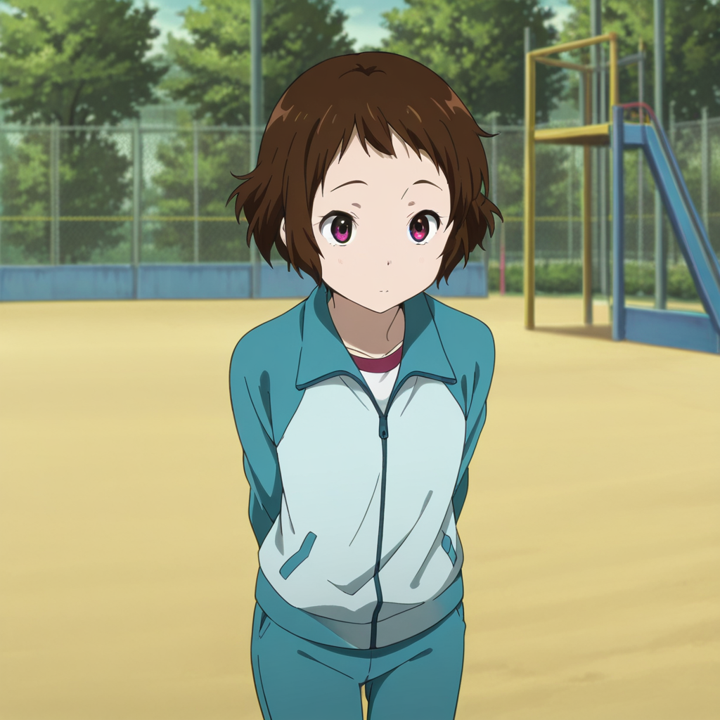 masterpiece, best quality, amazing quality, 1girl, solo, kotenbu_series_lbara_mayaka, standing, arms behind back, short hair, brown hair, anime coloring, jacket, track jacket, pants, purple eyes, red eyes, school playground, <lora:Ibara_Mayaka_-_Kotenbu_Series:0.7>