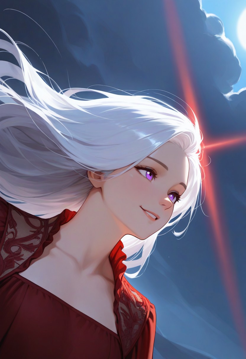 1girl, Aerea Targaryen, A song of Ice and Fire, DnD, Long Lustrious Hair, white Hair, Long white Hair, purple eyes, innocent eyes, adult (between ages of 18-20), lovely smile, dark background, wearing a red dress, 1girl, childish features, sole girl, dynamic lighting, dynamic angle, cloud, volumetric lighting, blue sky, portrait, upper body,