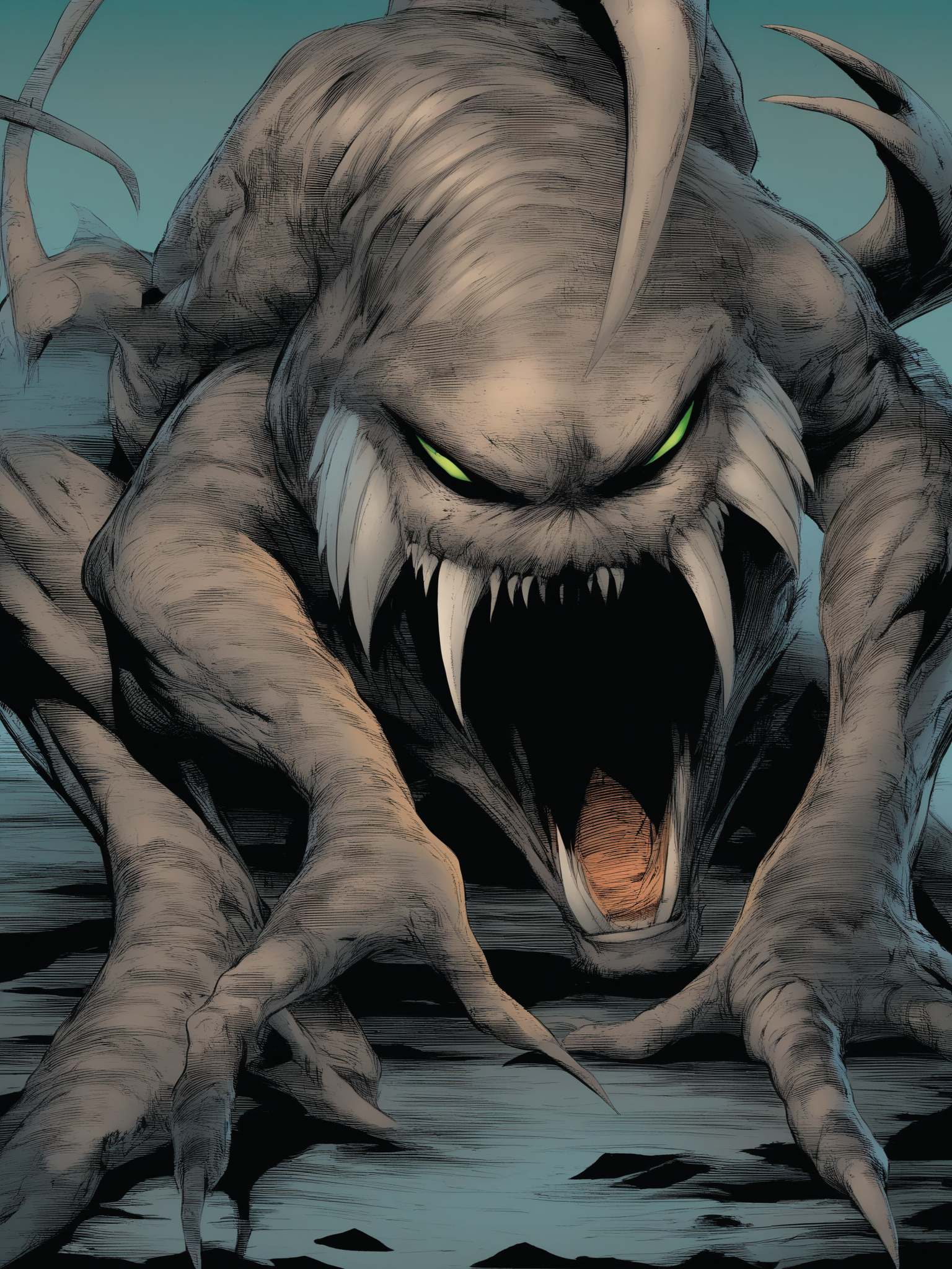 masterpiece, best quality, best score, absurdres, best anatomy, 
 <lora:[Todd McFarlane (associated Artists of Image Comics)] Spawn Art Style Issues 1-10 IllustriousXL:1>,western comics (style), monster, alien, claws, science fiction, demon, looking at viewer, fangs,