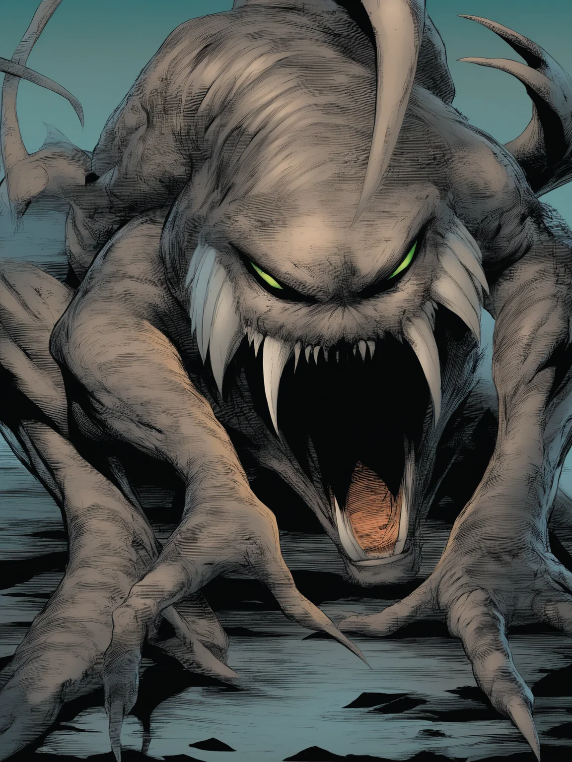 masterpiece, best quality, best score, absurdres, best anatomy, 
 <lora:[Todd McFarlane (associated Artists of Image Comics)] Spawn Art Style Issues 1-10 IllustriousXL:1>,western comics (style), monster, alien, claws, science fiction, demon, looking at viewer, fangs,