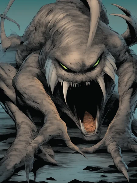 masterpiece, best quality, best score, absurdres, best anatomy, 
 <lora:[Todd McFarlane (associated Artists of Image Comics)] Spawn Art Style Issues 1-10 IllustriousXL:1>,western comics (style), monster, alien, claws, science fiction, demon, looking at viewer, fangs,