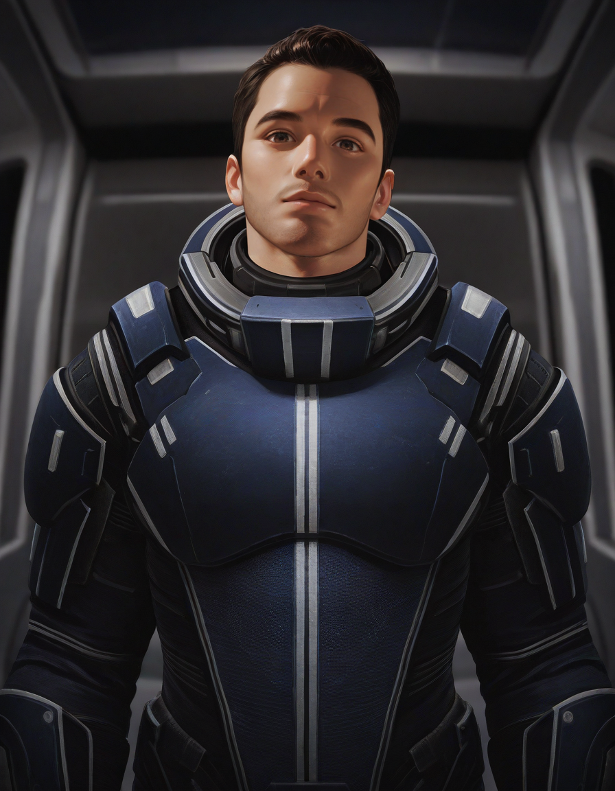 masterpiece, best quality, newest, perfect quality, best quality, detailed background, intricate details, male focus, solo, photorealistic, <lora:Mass Effect - Kaidan Alenko - Illustrious-000006:0.7>, mekalenko, 1boy, dark brown hair, short hair, thick stubble, brown eyes, looking at viewer, space station interior, spacesuit, head tilt towards viewer, standing, portrait